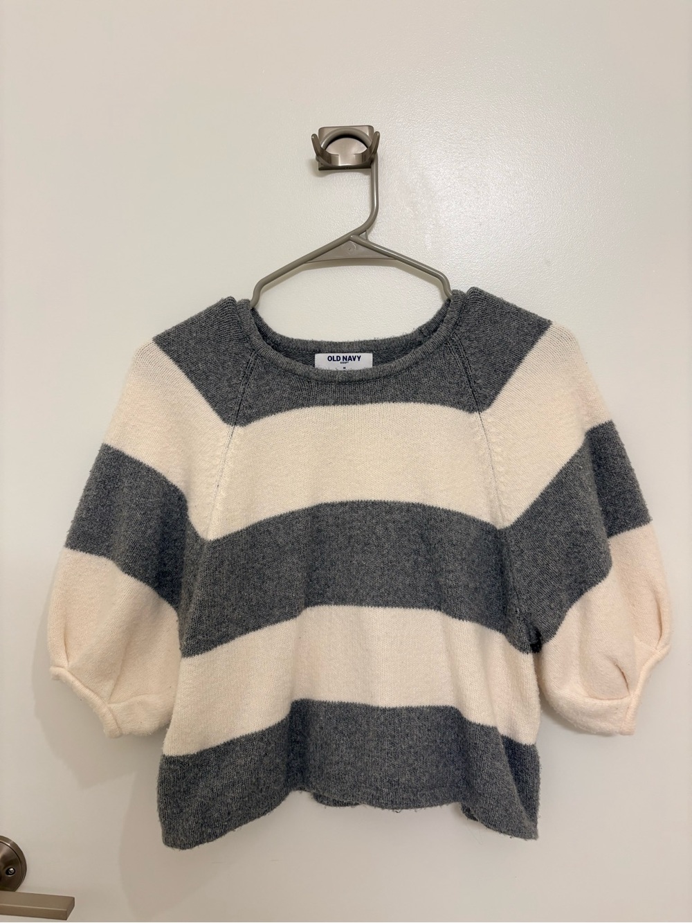 Old Navy Cream and Gray Wide-Stripe Short Puff-Sleeve Sweater